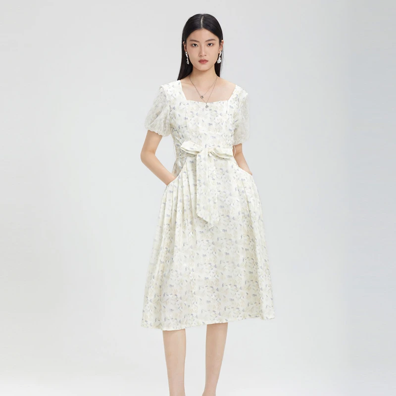 圣迪奥女装气夏季质复古方领碎花收腰网纱泡泡袖连衣裙S232Z1274