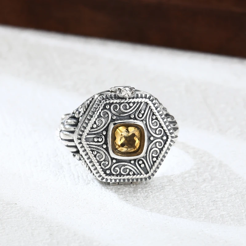 925银戒指 多边形黄钻戒指 男女同款开口戒指