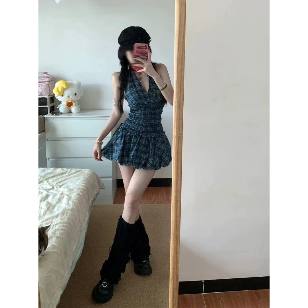 藏青色格子上衣套装女网红炸街美式甜辣妹裙子两件套