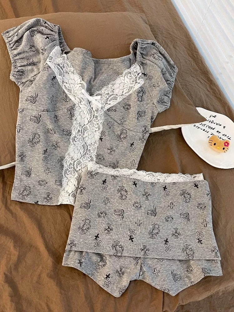 【DMXJ大梦想家】性感蕾丝短袖睡衣2025夏款卡通印花短裤家居服套装