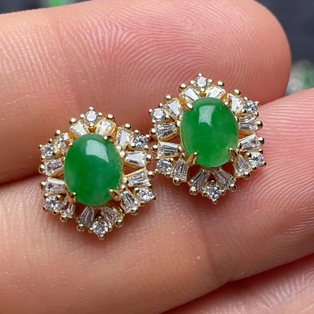 翡翠银S925镶嵌耳饰纯天然缅甸翡翠A货