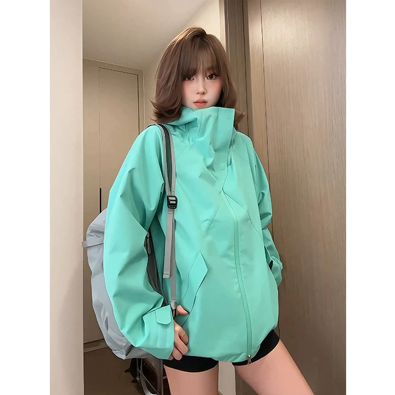 户外骑行运动三防登山多巴胺斜切夹克男女早秋立领冲锋上衣外套潮