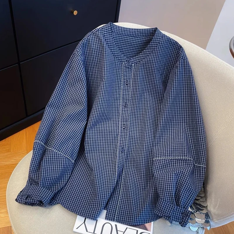 复古格子刺绣拼接长袖衬衫女2025早秋宽松洋气格纹设计感开衫上衣