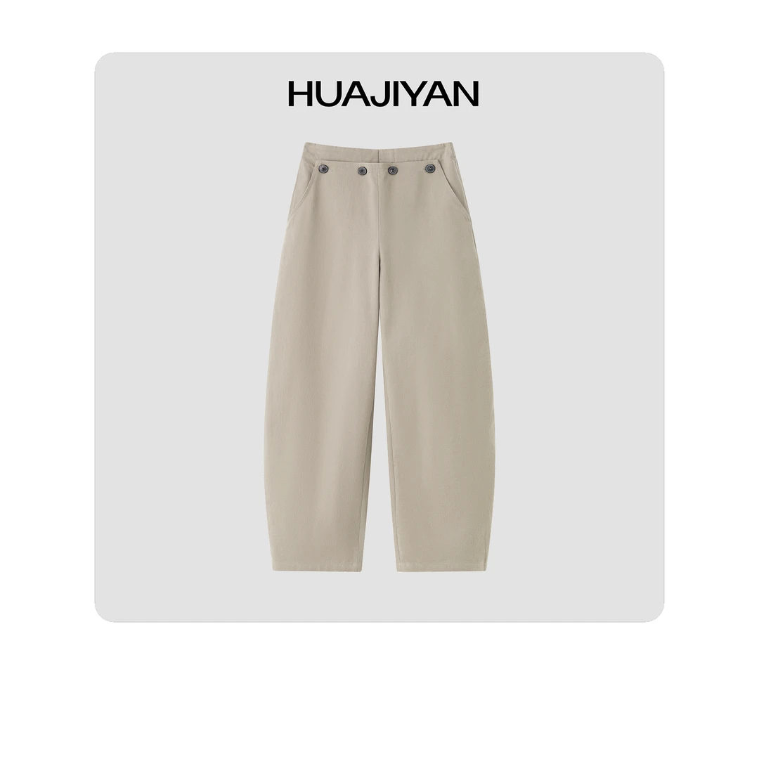 华吉言/HUAJIYAN【长笛】100棉可拆卸牛角扣挡片宽松微弯刀休闲裤