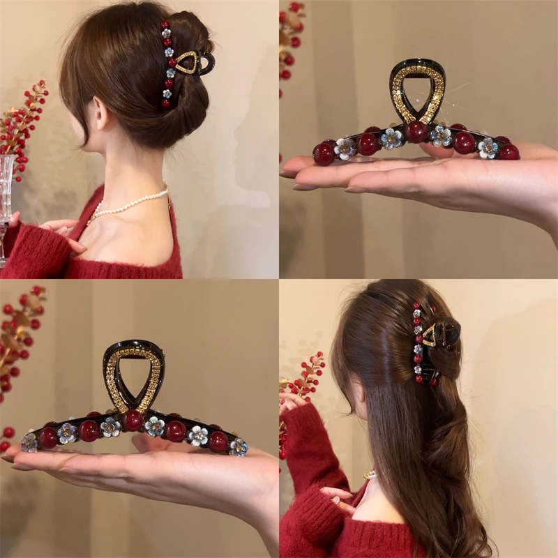 新年红色梅花抓夹女发量多鲨鱼夹盘发半扎发夹子秋冬发卡头饰