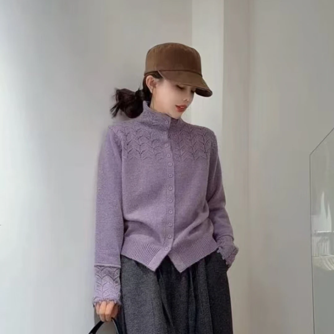 2413半高领花边镂空宽松减龄百搭针织开衫女秋冬新款毛衣外