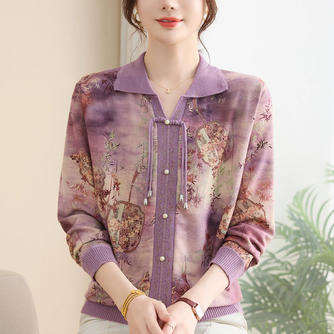 妈妈装长袖打底小衫中老年人女春秋装翻领针织衫t恤50岁奶奶上衣