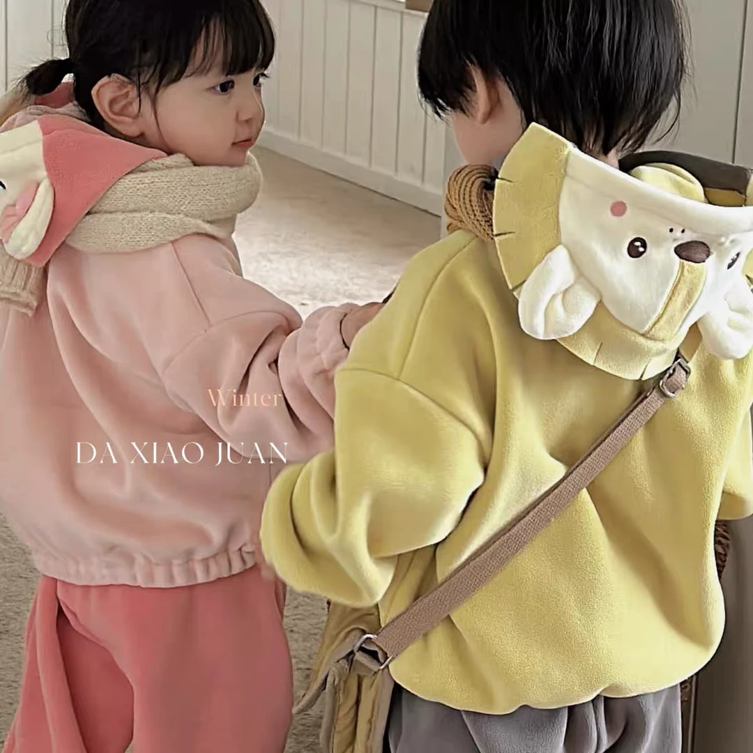 男女童双面奥利绒套装宝宝立体图案卫衣套装