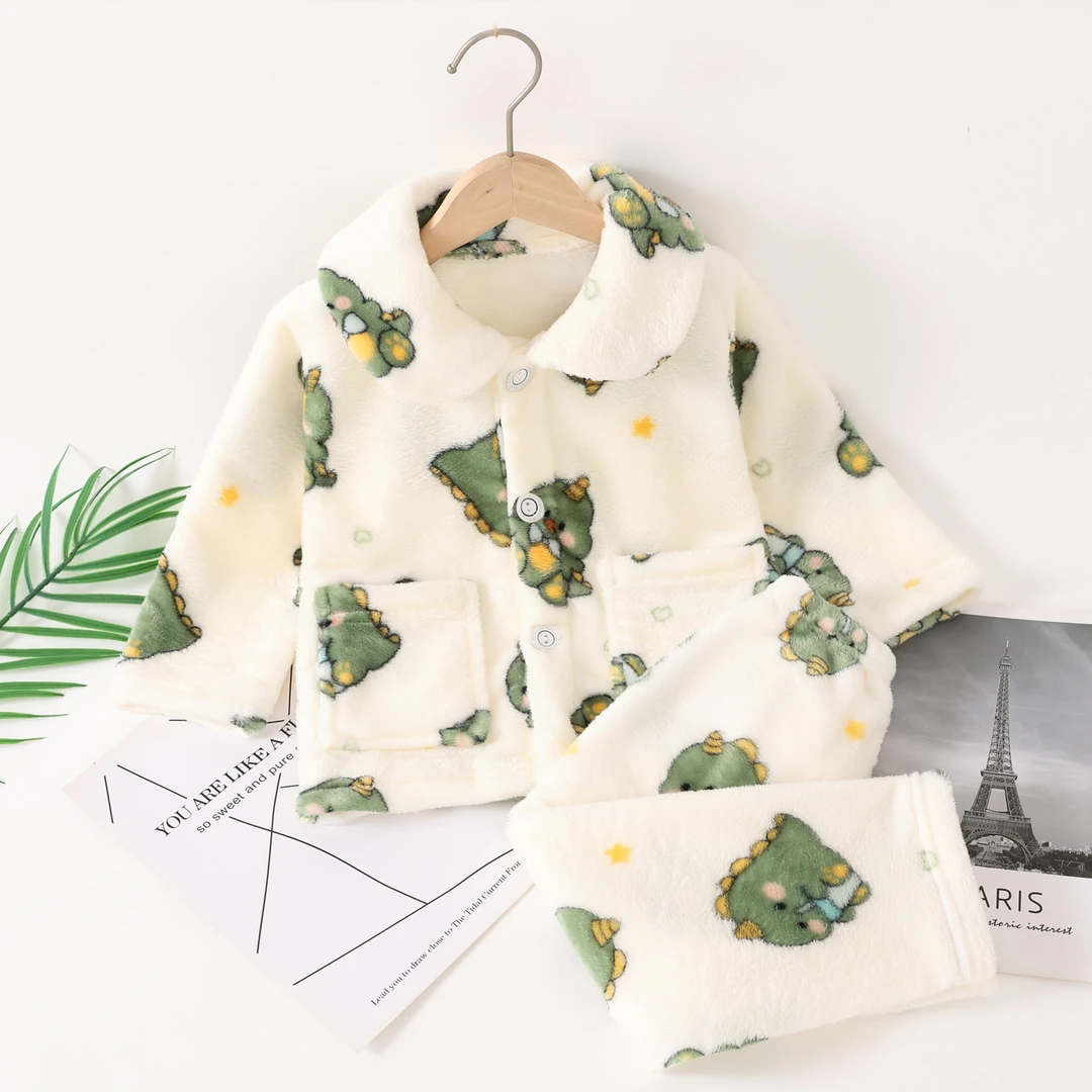 秋冬季儿童法兰绒睡衣加厚家居服小孩男孩女孩宝宝珊瑚绒保暖套装