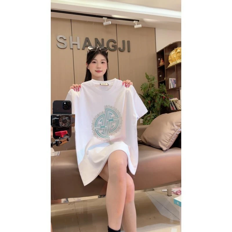 新款{白色国风玉扇}ins高颜值老板娘气质款烫钻T恤宽松休闲夏季