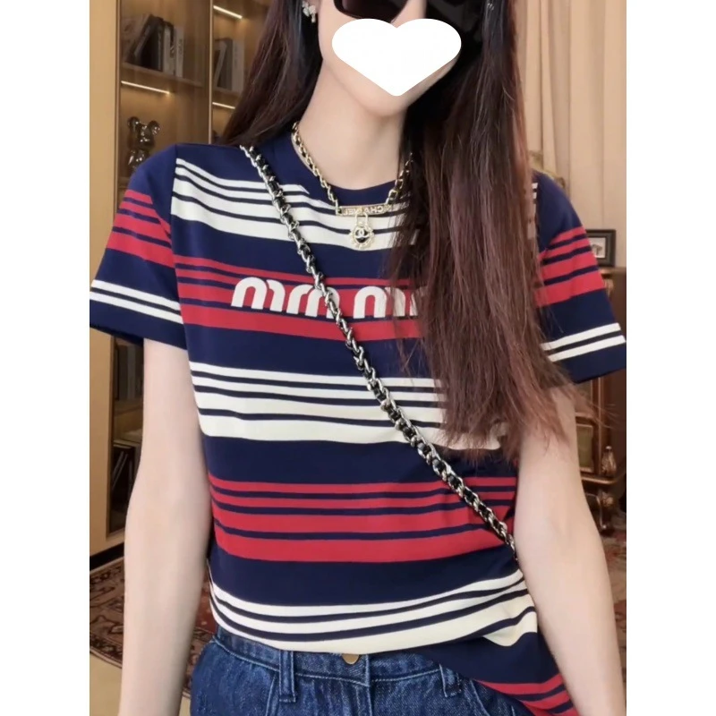 2025夏季新款条纹圆领短袖女设计感撞色印花字母减龄百搭上衣女