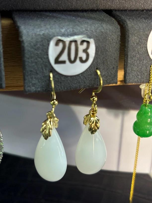 天然和田玉白玉水滴耳环简约大气925纯银防过敏耳坠 203