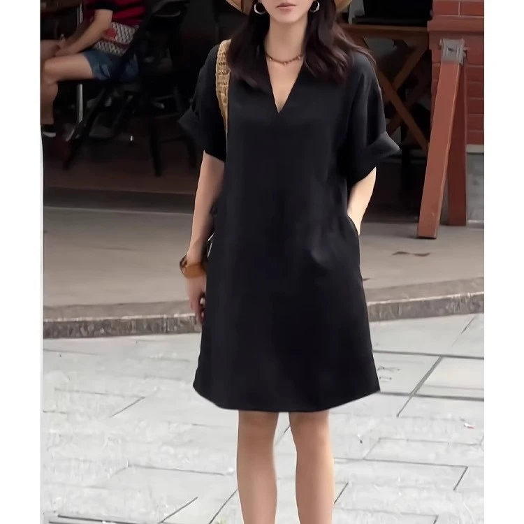 中长款衬衫式显瘦百搭裙2025夏季新款韩版简约休闲宽松短袖连衣裙