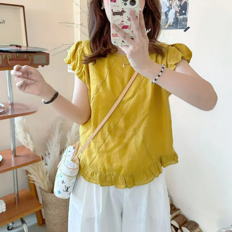 【小沫家】法式木耳边设计感短袖衬衫女2025夏季新款小个子洋气上衣