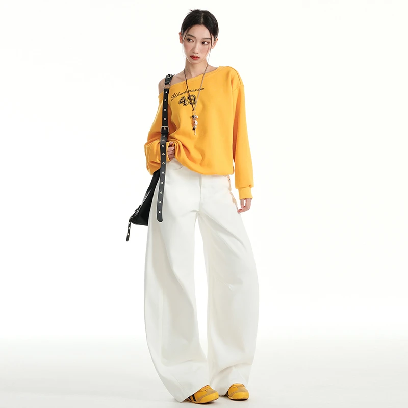 Busrr美式卡其阔腿弯刀牛仔裤女2025新款高腰遮胯显瘦百搭香蕉裤