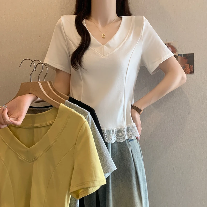 X胖mm纯欲风V领蕾丝花边气质短袖T恤女夏大码设计感辣妹显瘦上衣