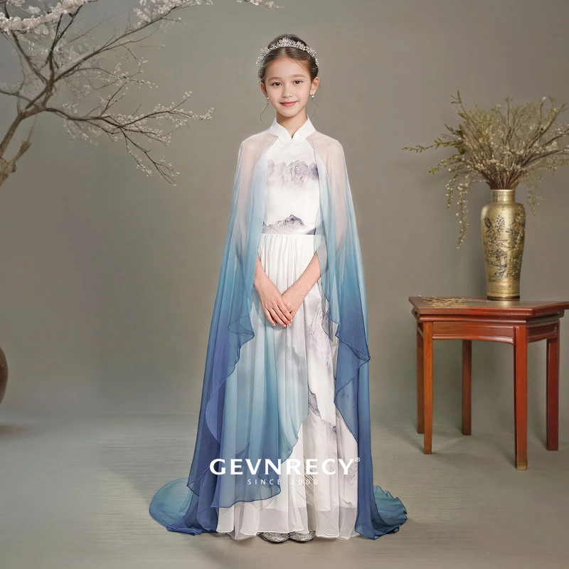 GEVNRECY女童礼服水墨蓝色新中式弹古筝演出服中国风民乐演奏礼服