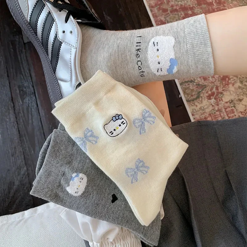 堆堆袜女孩夏天薄袜子可爱风卡通小猫蝴蝶结刺绣中筒袜棉袜长筒袜