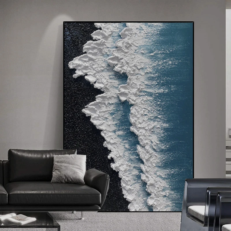 黑蓝色海浪 手工油画客厅挂画入户玄关壁画装饰画沙发肌理画现代