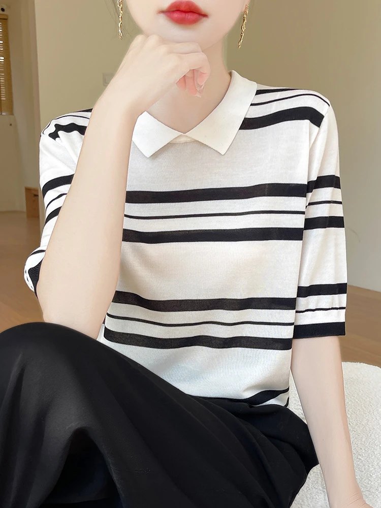 100莱赛尔天丝针织短袖T恤小翻领条纹2025夏季新款上衣女
