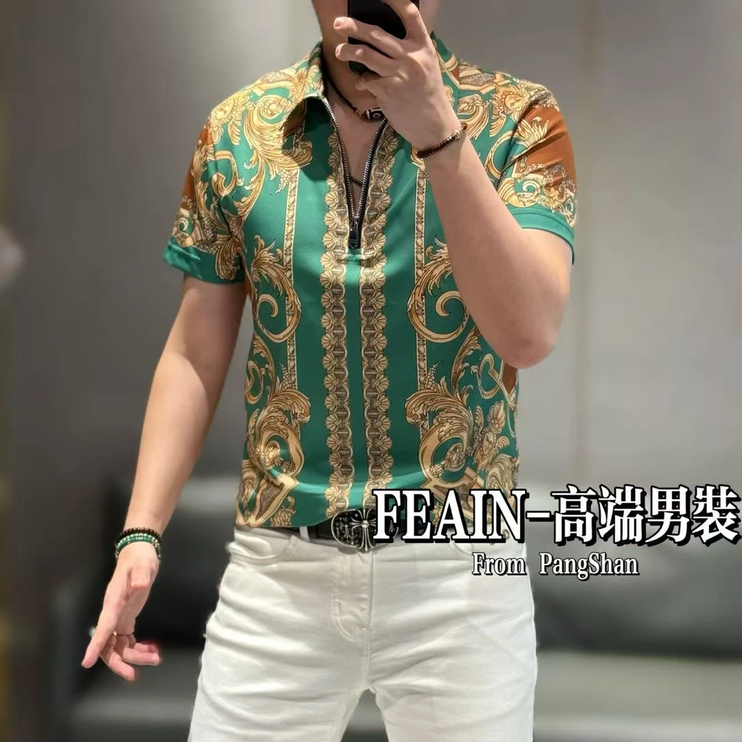 高端定制男士半拉链设计冰丝立体复古巴洛克宫廷风格Polo9869