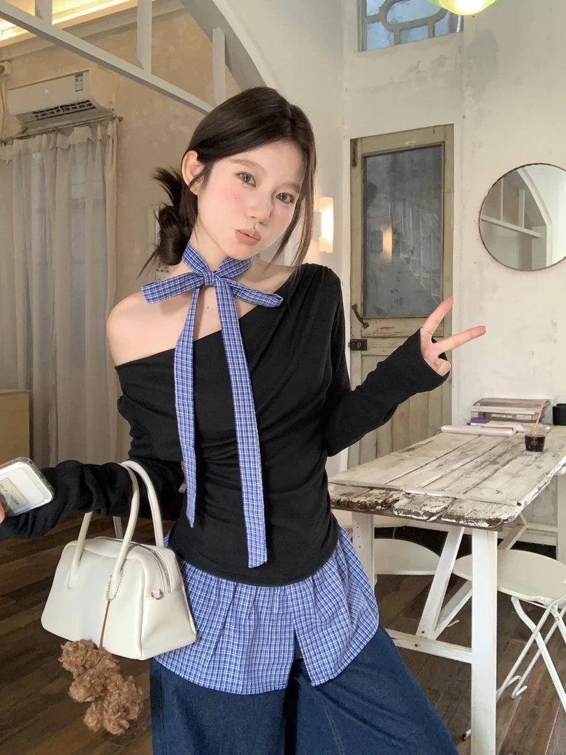 Tiann假两件格子拼接斜肩T恤秋季女设计感修身斜肩长袖上衣潮流
