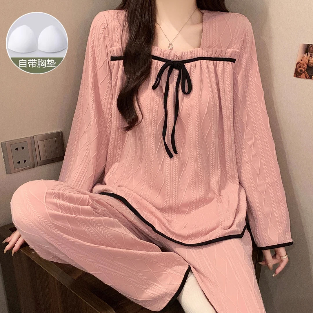 春秋季带胸垫睡衣女韩版卡通宽松长袖女士睡衣可外穿家居服套装