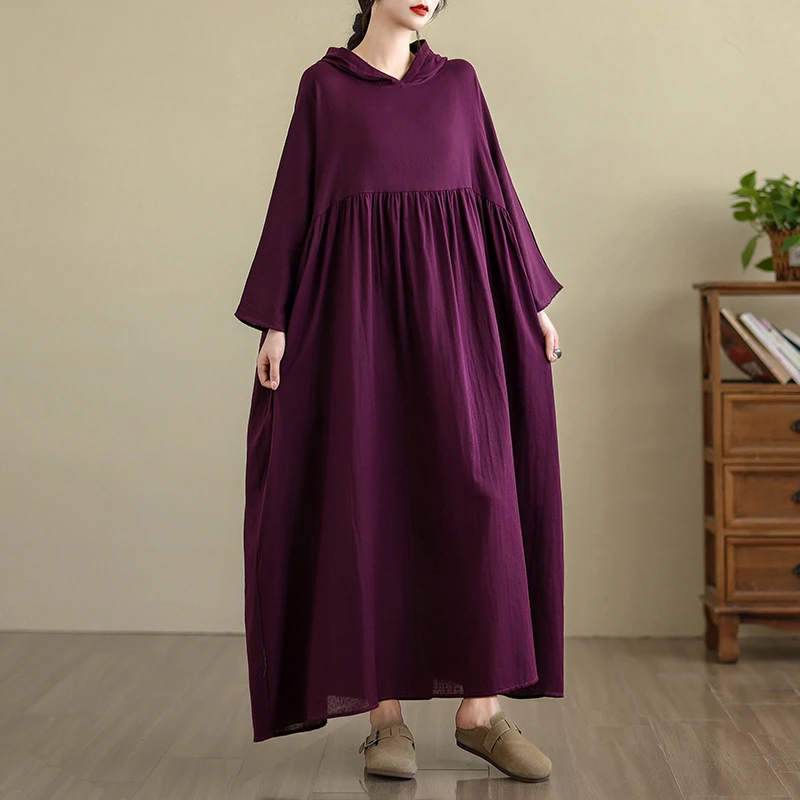 女秋装宽松遮肚显瘦度假大摆长裙子大码胖mm八分袖连帽棉麻连衣裙