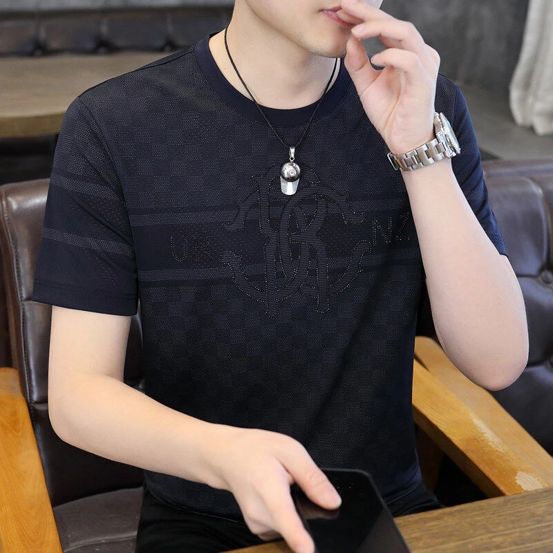 韩版半袖短袖透气t恤冰麻T恤百搭圆领潮流镂空薄款夏季时尚宽松T