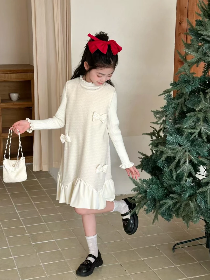 110-150韩版杏色女童两件套连衣裙