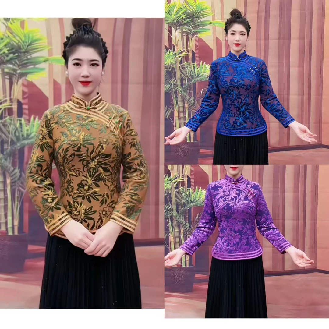 1028国风秋冬款加绒保暖日提花百搭长袖旗袍上衣