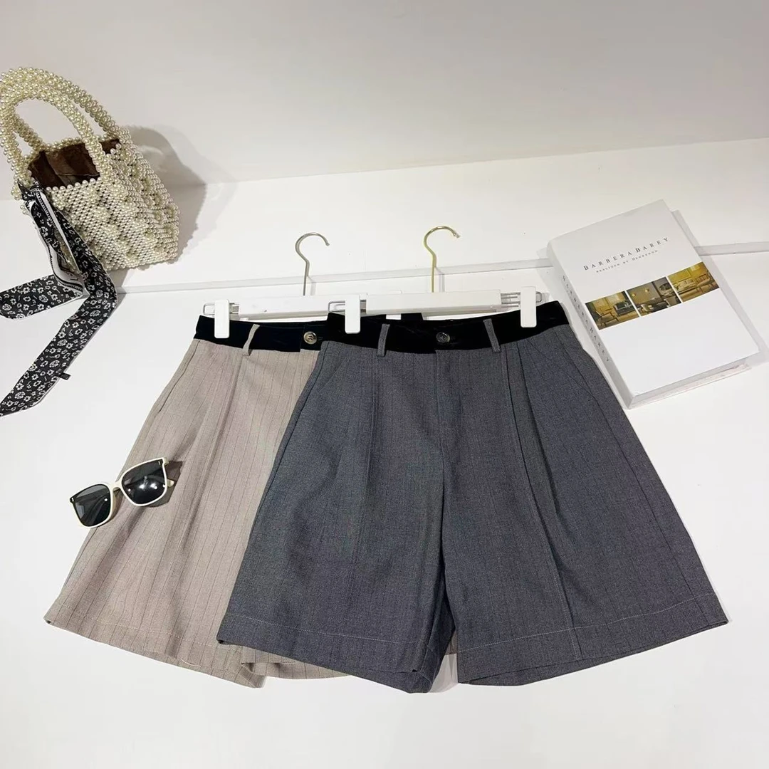 WF S腰70长51丝绒边拼接设计感纯色直筒短裤显瘦简约时尚 9430