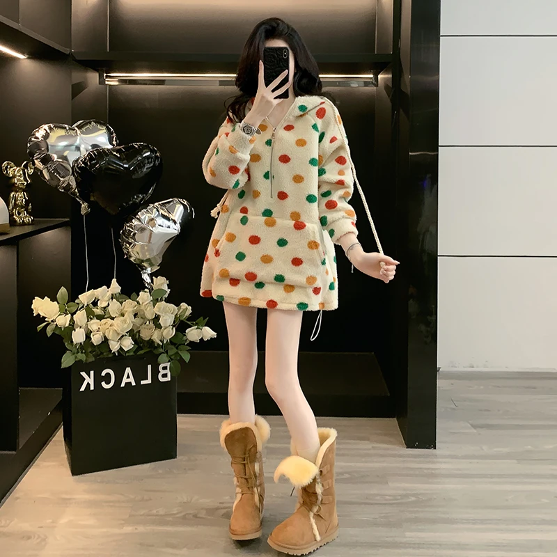 网红洋气波点连帽卫衣女秋冬慵懒韩版休闲加绒加厚羊羔绒显瘦外套