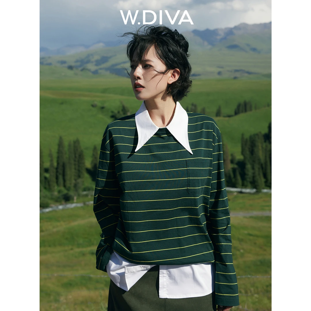 W.Diva【松针迹】纯棉复古山系风条纹单口袋圆领T恤慵懒风53Z282762