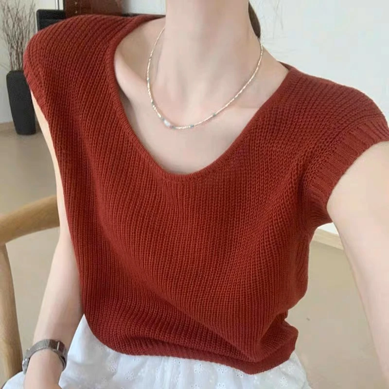 薄款冰丝女2024短款显瘦时髦洋气百搭外穿V领无袖t恤上衣背心夏季