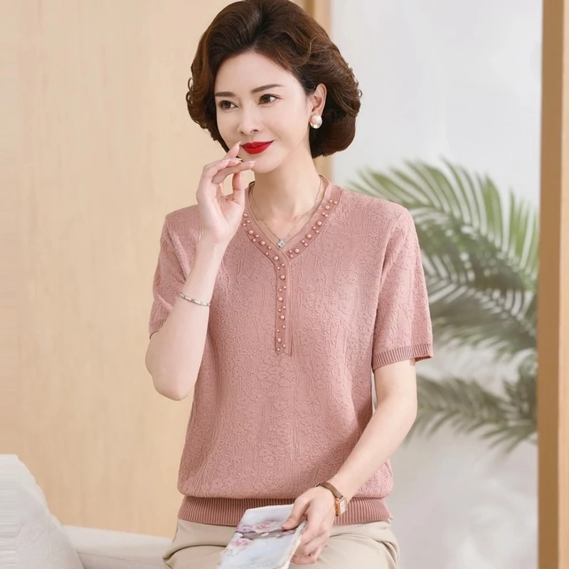 妈妈针织衫冰丝薄款针织短袖领钉珠新款夏季中年气质洋气上衣2558