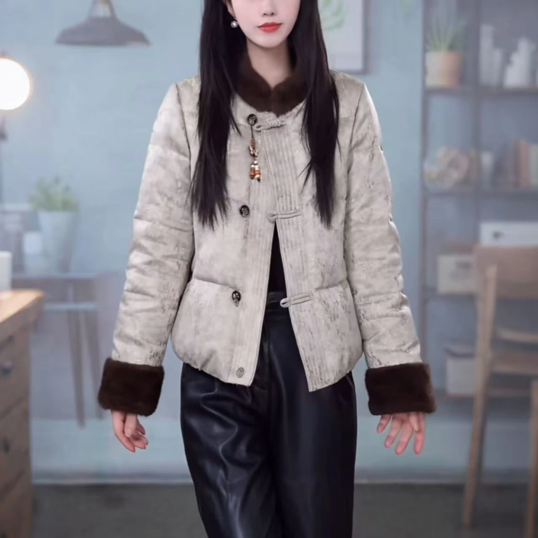 新中式短款羽绒服女冬季2025新款加厚保暖妈妈装国风白鸭绒外套