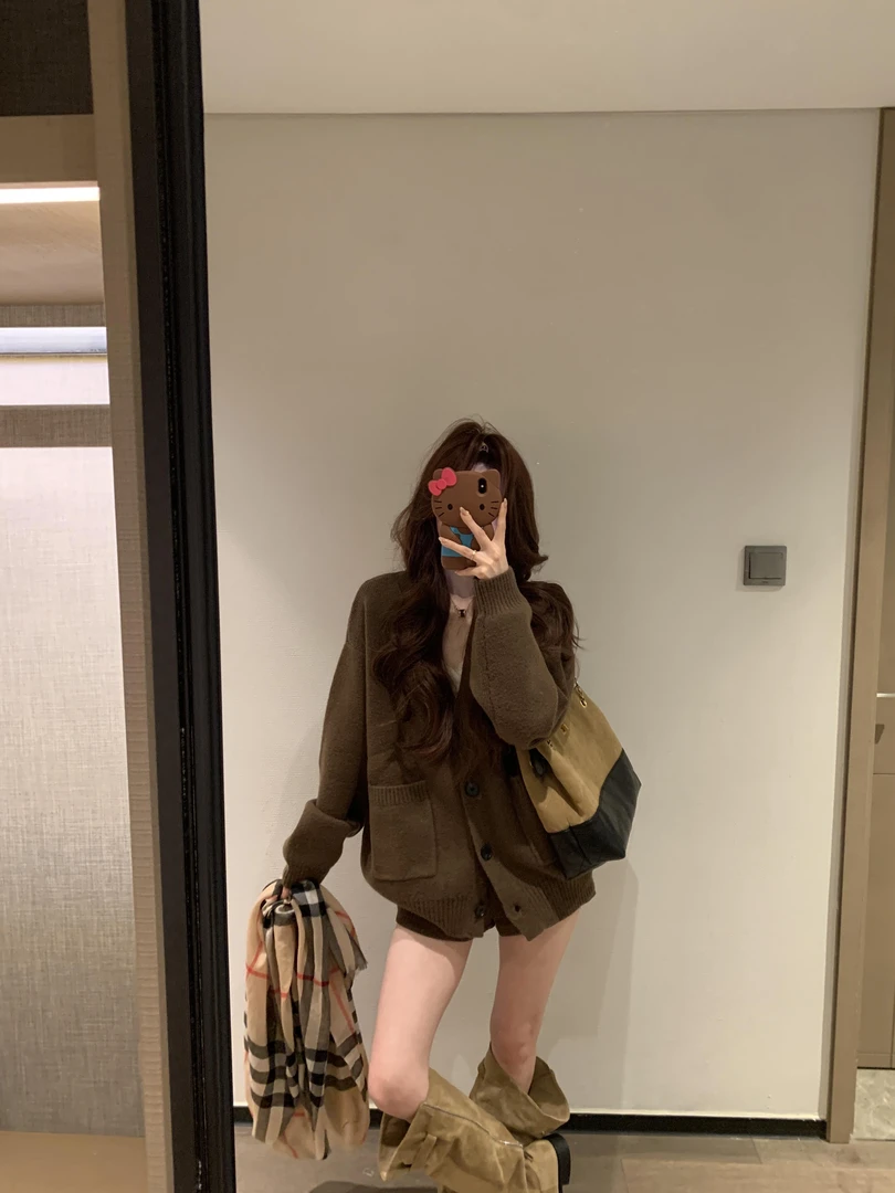 秋冬美拉德咖色单排扣毛衣外套韩版时尚洋气宽松立体口袋针织开衫