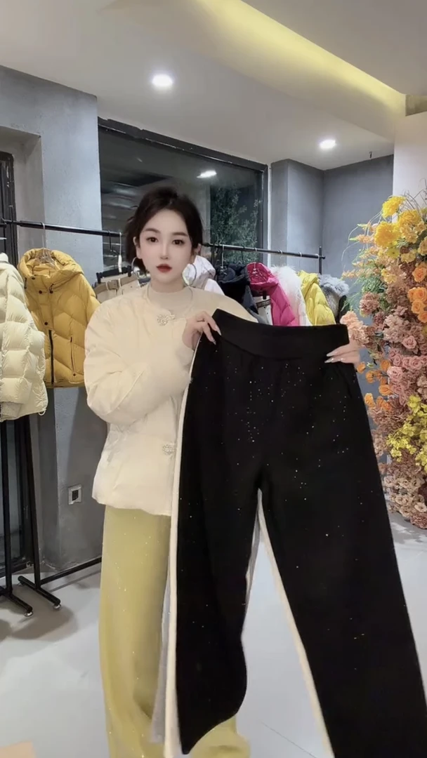 2025年欧货秋冬高腰抽绳闪星阔腿裤女宽松显瘦弯刀裤休闲长裤