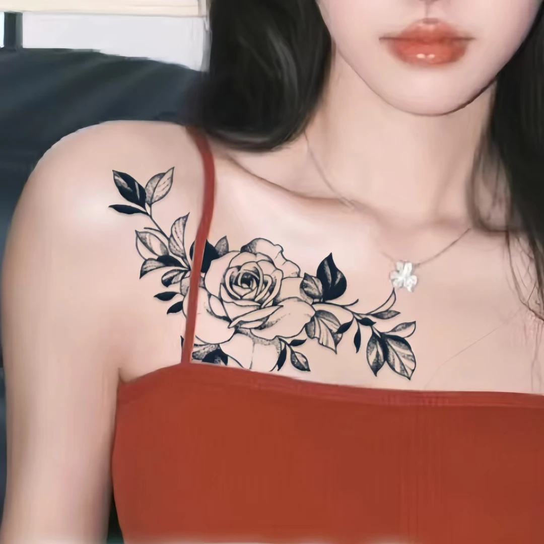 花系草本纹身贴纸半永久防水持久胸前手臂不反光逼真高级感锁骨潮