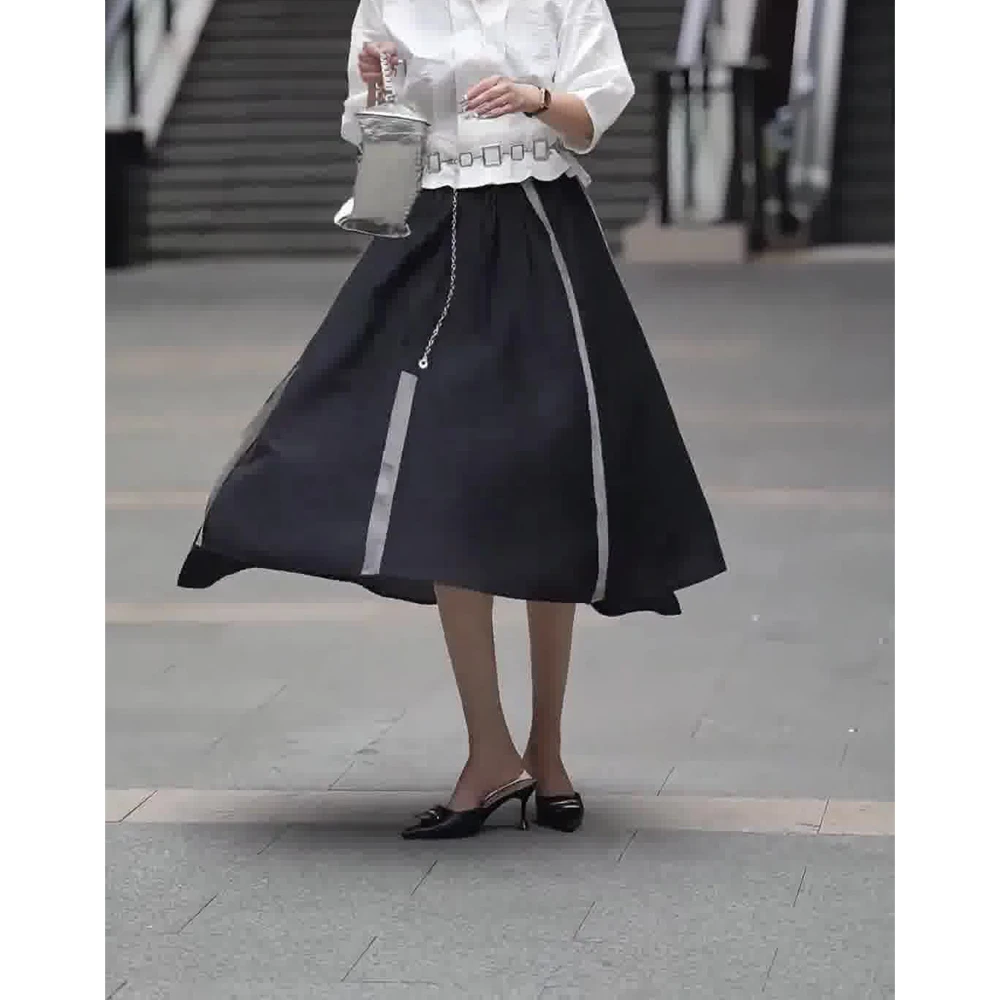 GFW 夏季黑色长裙百褶裙条纹半身裙