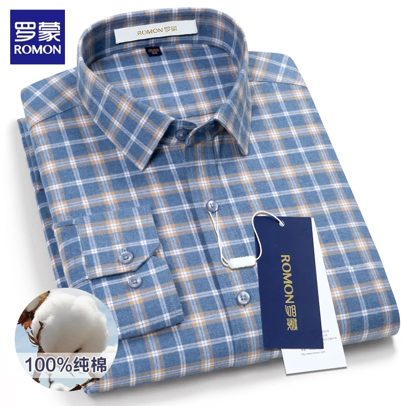 罗蒙男款纯棉男士休闲衬衫长袖百搭磨毛黄蓝格子衬衣透气宽松上衣