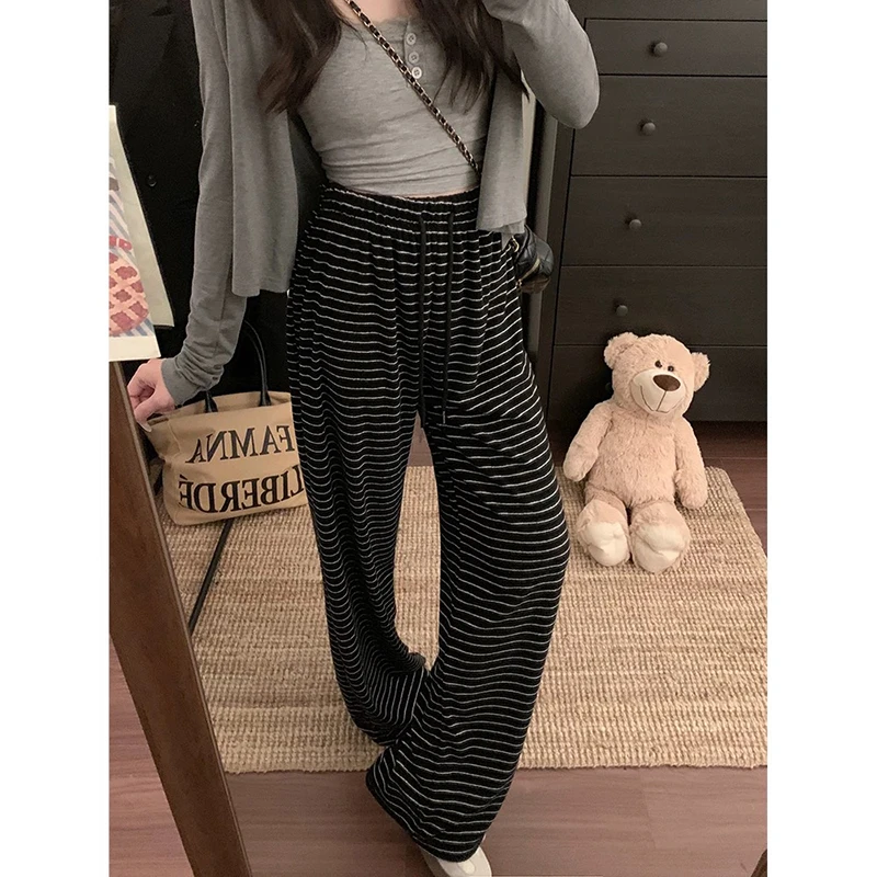 （衣兮软糯毛巾裤）早春新款ins风高腰垂感慵懒横条纹阔腿裤D
