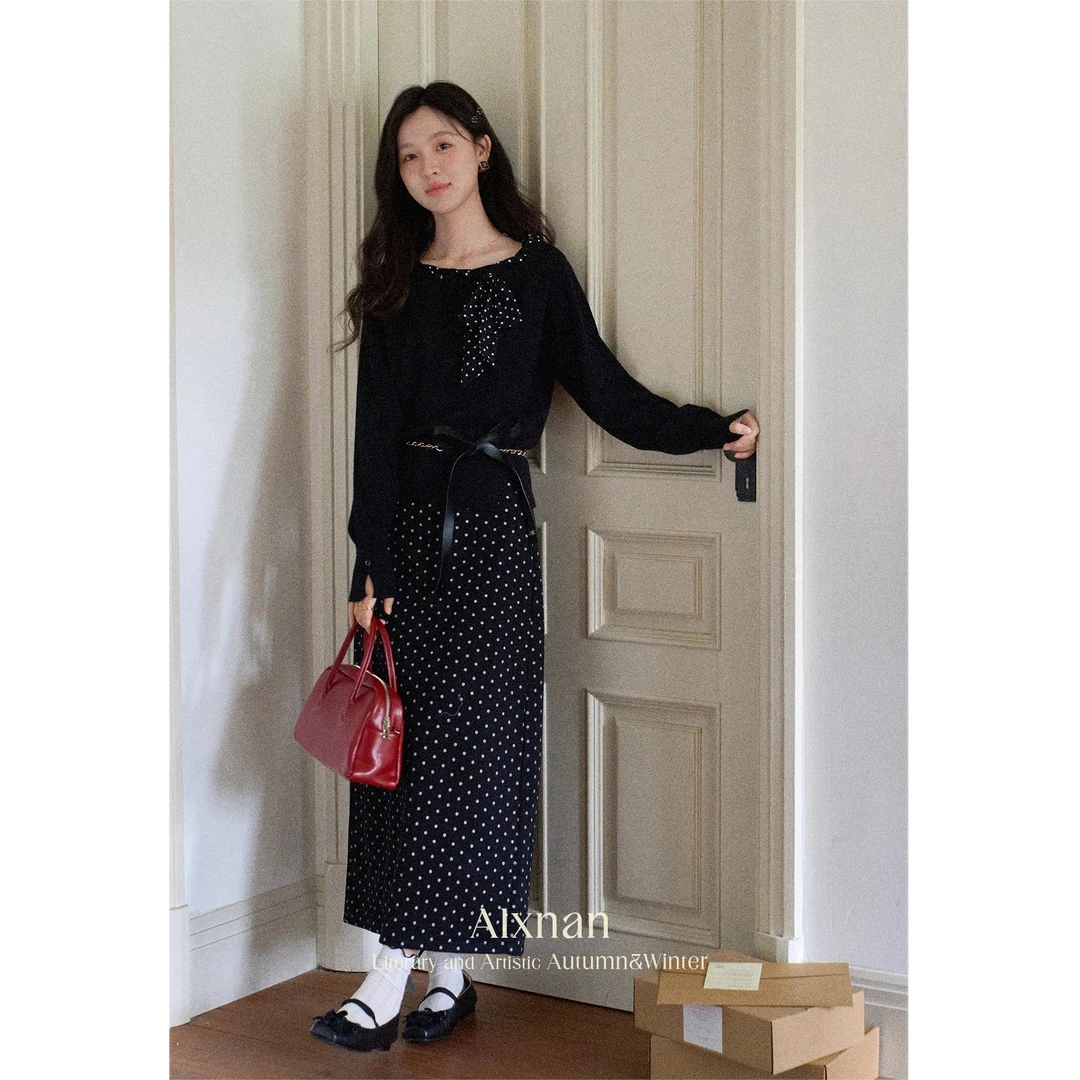鹿向南「黑巧曲奇」黑色波点系带长袖上衣女早秋新款别致针织衫半裙