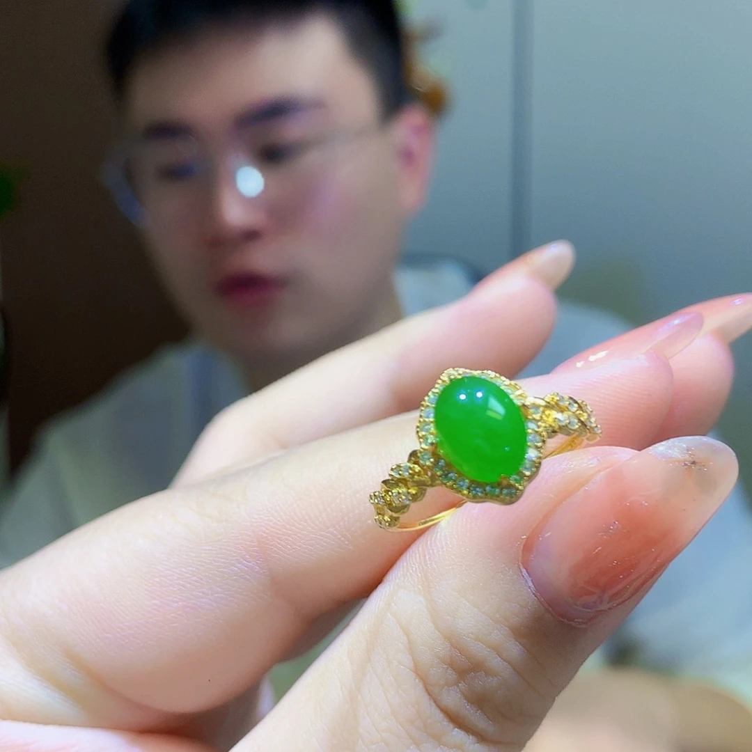 银S925镀金镶嵌戒指和田玉（碧玉）