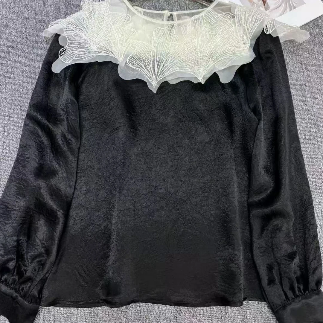 D50385新款蕾丝刺绣网纱拼接宽松法式长袖衬衣