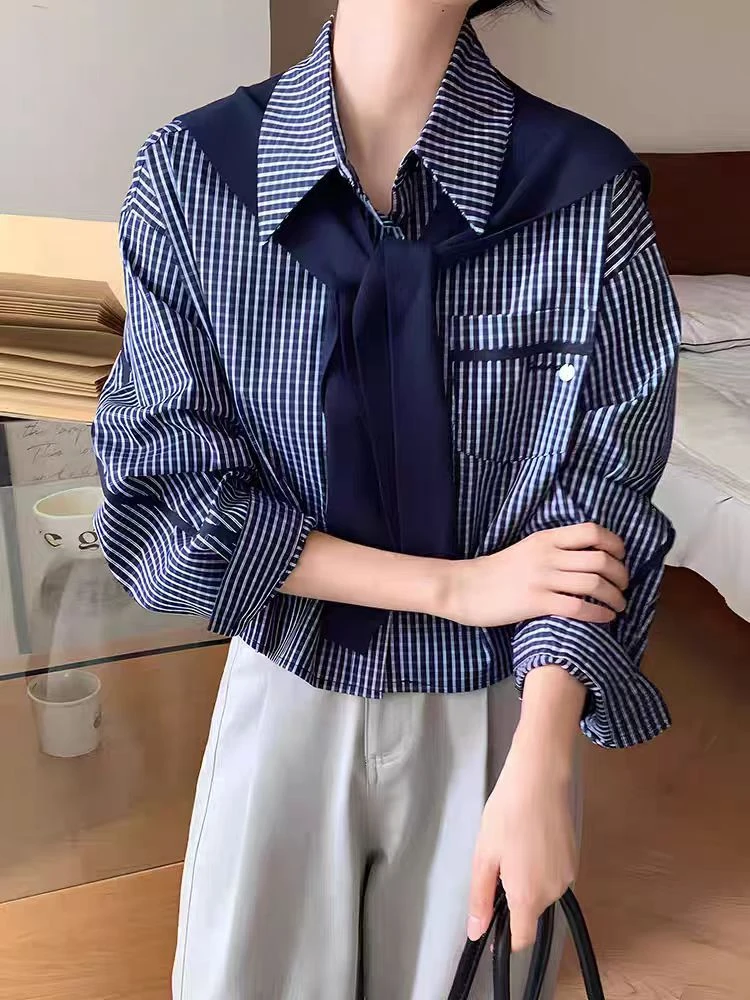 衬衣简约通勤百搭拼接原歌蓝色条纹衬衫秋季口袋女装