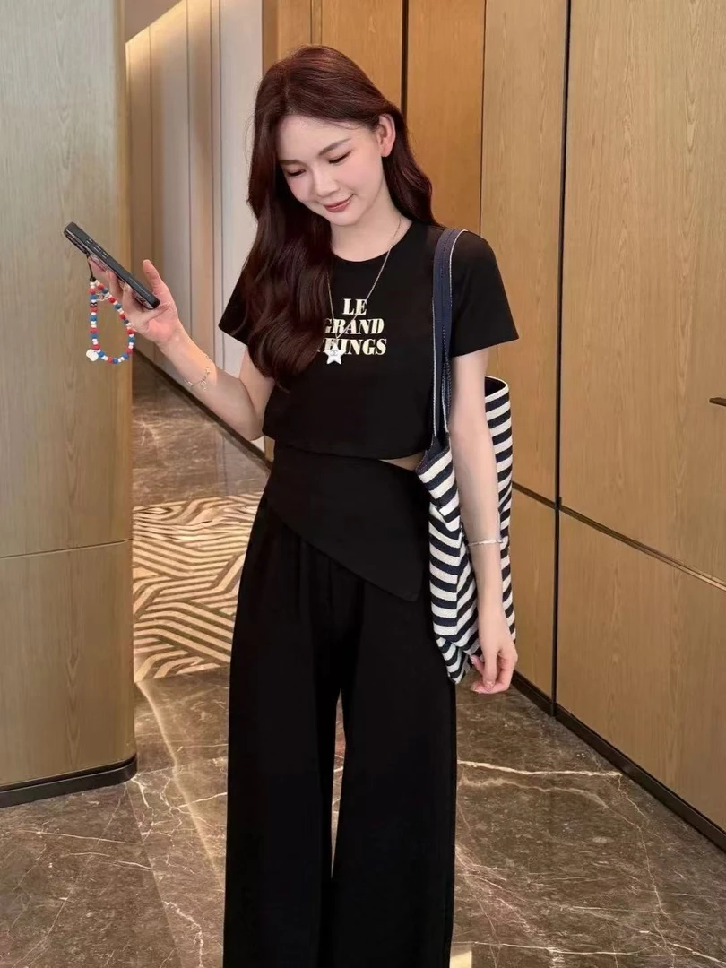 韩系通勤百搭套装女2025夏季短款短袖圆领上衣高腰阔腿休闲长裤