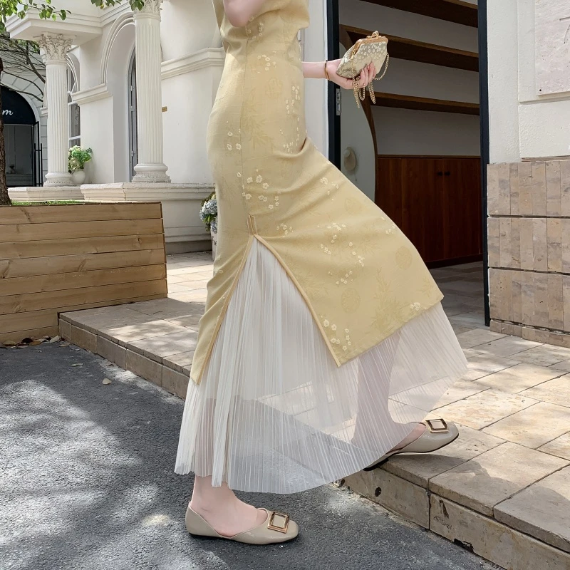 旗袍内搭衬裙蕾丝网纱半身裙松紧腰复古旗袍搭配打底遮胯显瘦纱裙