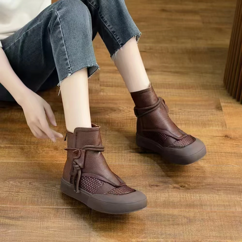 复古镂空靴女2025新款厚底真皮休闲洞洞凉鞋松糕底包头网纱短靴